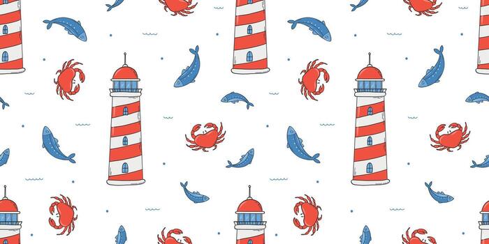 Nursery seamless pattern with lighthouses, crabs and fish doodles for textile prints, scrapbooking, wallpaper, wrapping paper, backgrounds, apparel, bedding, etc. EPS 10 vector