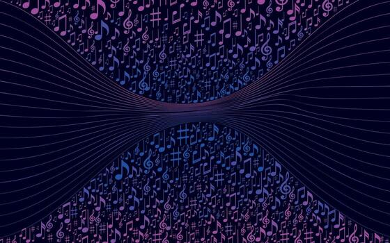 Futuristic vibrant dynamic music background. Not seamless gradient musical pattern with notes scattered throughout. For music-related projects, album covers, or digital backgrounds vector