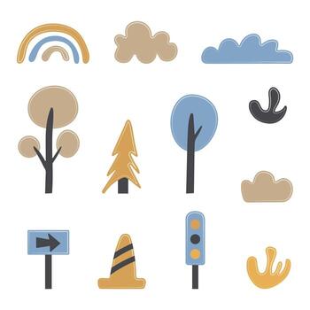 ilustraciones con un conjunto de moderno paisaje elementos para el diseño de un para niños mapa, para Arte carteles en un blanco antecedentes. vector