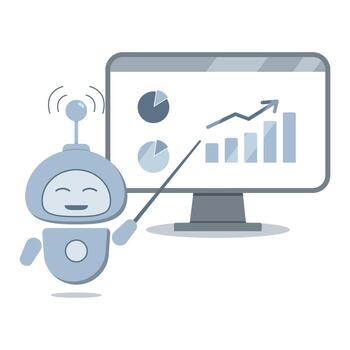 The robot presents data on a computer screen graphs, growth charts, and statistics. vector
