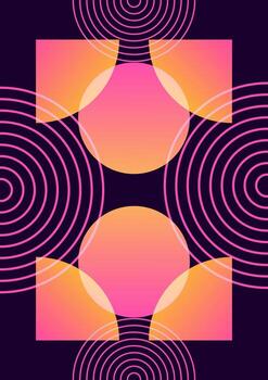 Neon geometric abstract poster concentric rings gradient circles and squares on dark background vector