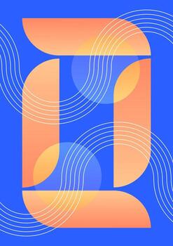 Geometric abstract poster blue background peach gradient modules and white wave lines vector