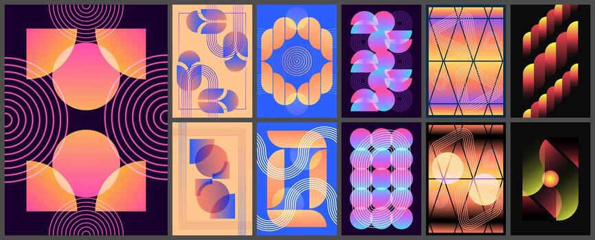 Set of 11 modern geometric abstract posters gradient shapes concentric rings wave lines and grids vector
