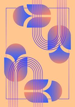 Modern geometric abstract poster peach background violet blue gradient arcs and shapes vector