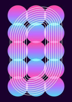 Neon geometric abstract poster gradient circles grid and white rounded track lines vector