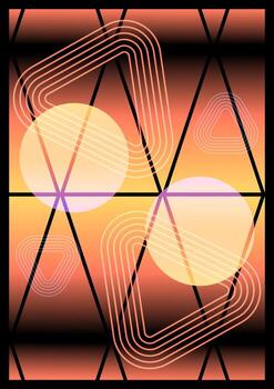 Geometric abstract poster triangular grid with soft glow circles and rounded track lines dark variant vector