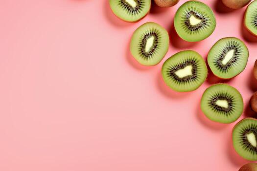 Fresh kiwi slices arranged on pink background with ample copy space for design elements photo