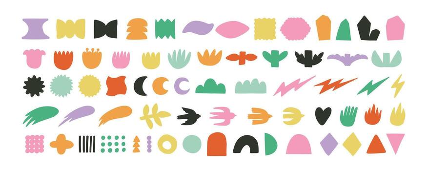 Y2K Minimalist retro Geometric Shapes Set. Hand drawn Symbols, Labels and Icons. Birds, Flowers, moon and Circles with ZigZag Edge vector