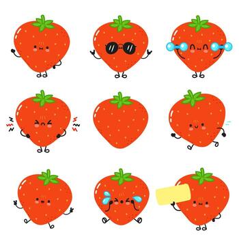 Strawberry characters expressing different emotions and actions vector