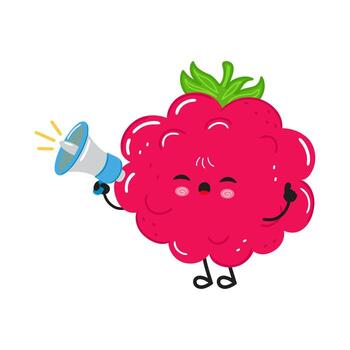 Cute raspberry mascot announcing with a megaphone vector