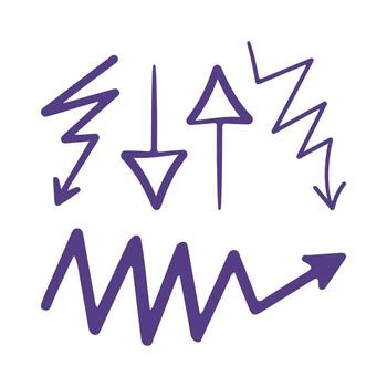 dibujado a mano zigzag flechas icono conjunto señalando en varios direcciones, zigzag línea para uva cuadro, diseño proyectos vector