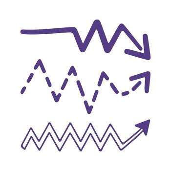 dibujado a mano zigzag flechas icono conjunto señalando en varios direcciones, zigzag y punteado línea para agarrar cuadro, diseño proyectos vector