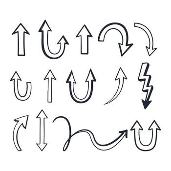 Handdrawn u turn curve arrows pointer icon set, including curved, straight, and lightning bolt shapes vector