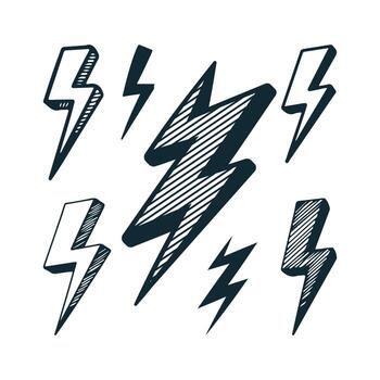 Handdrawn lightning bolt illustrations icon set, ideal for design projects and creative visual communication vector