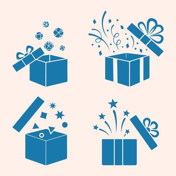 festivo sorpresa un colección de regalo cajas conjunto con fiesta corchete explotando papel picado y estrellas. vector