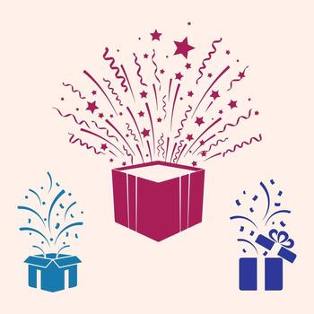 Festive surprise a collection of 3 gift boxes set with party Popper exploding confetti and stars. vector
