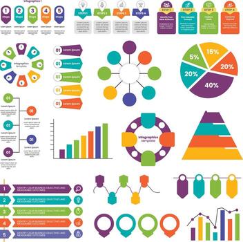 Set of infographic elements and templates. Business infographic collection with charts, timelines, steps, and options for data visualization and presentation design vector