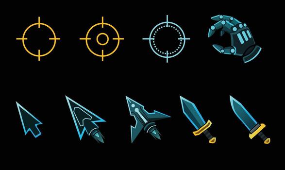 Futuristic gaming cursor and weapon icons set, sci fi mouse pointer, robotic hand, target aim crosshair, cyber sword vector