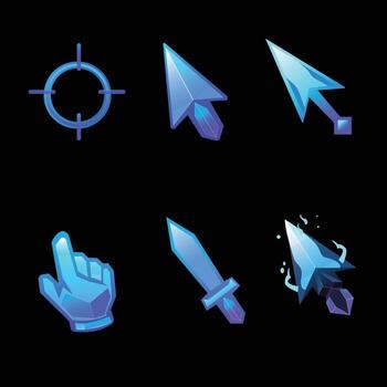 Futuristic blue crystal cursor icons set, glowing game ui mouse pointers, sword and hand click vector