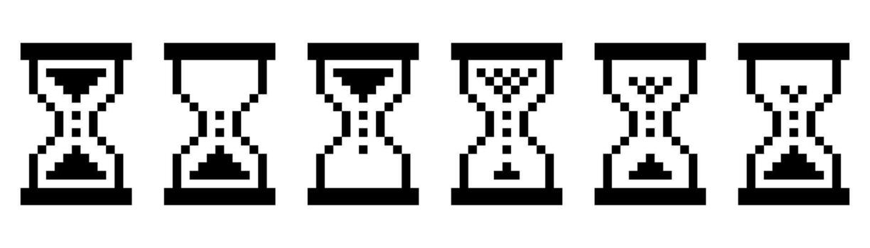 Pixel art hourglass animation frames set. Retro 8 bit sand timer sequence showing sand falling from top to bottom. Minimal black and white design for vintage games, interfaces, time concept visuals vector