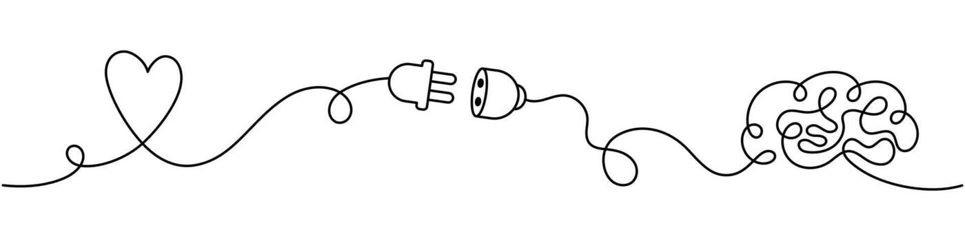 Continuous line drawing of a heart, electric plug, and brain connected by one cable. Minimal concept of love and mind connection, emotional intelligence, communication between heart and brain vector