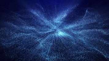 Abstract glowing digital waves of particles and glitter emit bright rays of light and swirl with wave energy on blue background, big data visualization, futuristic and tech, 3D, 4K, seamless loop. video