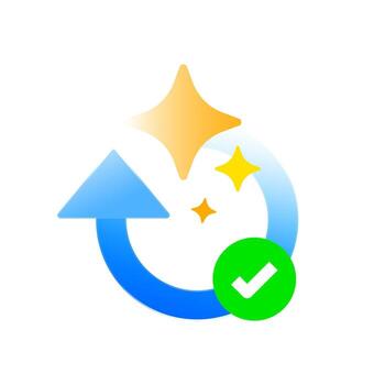 Refresh arrow icon with check mark symbolizing system update completed, latest version confirmed, or successful app upgrade. Modern flat style vector