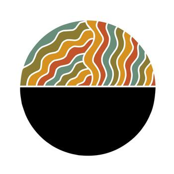 Modern circular abstract design with wavy, flowing lines in earthy hues of rust, mustard, olive, and sage above a bold black semicircle, evoking natural rhythm, harmony, and movement vector