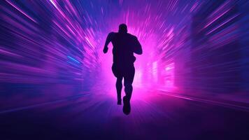 corredor silhueta correndo através néon hiper Rapidez túnel, futurista digital progresso e motivação fundo, desatado ciclo video