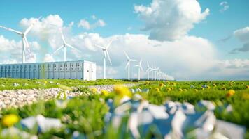 vind turbiner och server kuggstänger i grön fält med moln video