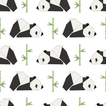 animals in origami style featuring repeating patterns of pandas and bamboo. The design showcases a playful and artistic representation of wildlife. vector