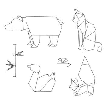 animals in origami style, including a bear, cat, duck, rabbit, and fox, alongside bamboo elements. Simple line art design with geometric shapes. vector
