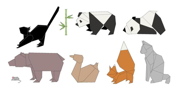animals in origami style, including a black cat, panda, bear, duck, fox, and gorilla. Each animal is depicted with geometric shapes and minimalistic design. vector