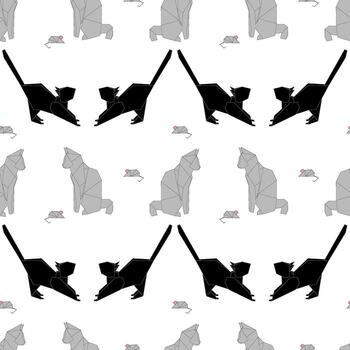 animals in origami style, featuring black and gray cats and dogs in a repeating pattern on a white background. vector