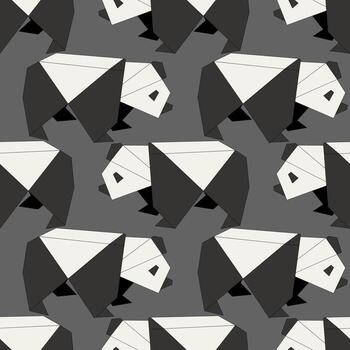 animals in origami style, featuring a repeating pattern of stylized pandas in black and white on a gray background. vector