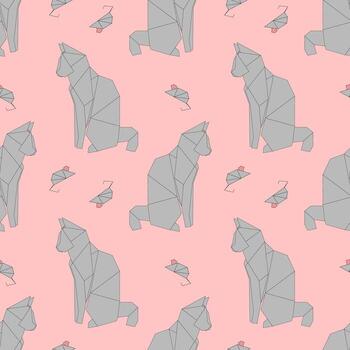 A seamless pattern of origami-style animals. Features gray cats and small mice on a pink background. The design is playful and modern, suitable for various applications. vector