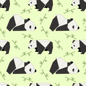 animals in origami style featuring black and white pandas surrounded by bamboo on a light green background. Ideal for playful designs and patterns. vector