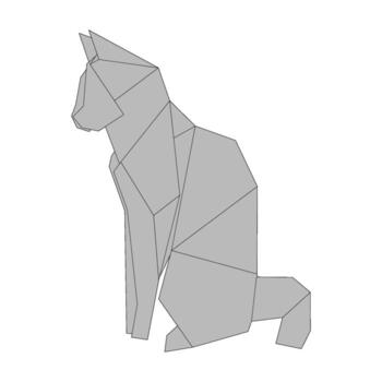 un geométrico estilo origami ilustración de un gato. el gato es representado en un sentado posición, compuesto de varios triangular formas en sombras de gris. vector