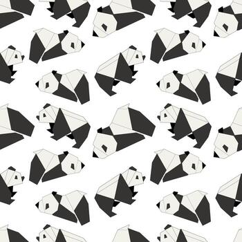 Pattern of origami-style pandas in black and white. The design features geometric shapes creating a playful and modern aesthetic. vector