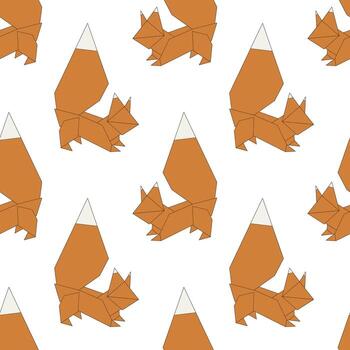animales en origami estilo, presentando un repitiendo modelo de naranja zorros con blanco consejos en su cruz en contra un llanura blanco antecedentes. vector