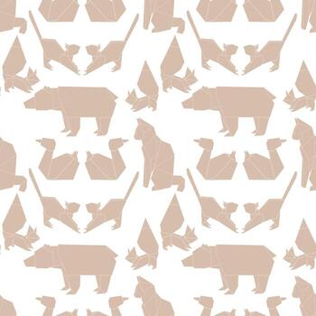 animals in origami style. The design features various animal shapes, including bears, cats, and birds, arranged in a seamless pattern on a white background. vector