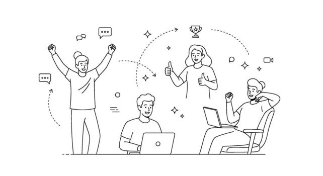 Excited team celebrating success in a collaborative workspace showcasing teamwork and achievement with laptops speech bubbles and a trophy icon symbol vector