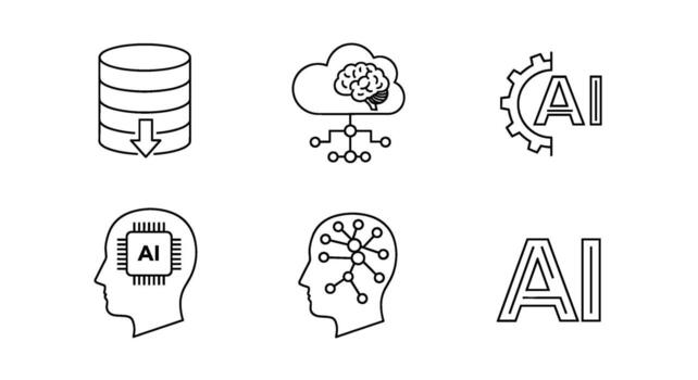 Artificial intelligence icons depicting data processing and machine learning in a minimalist style conveying innovation and technological advancement vector
