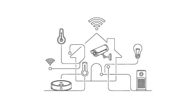 Smart home devices connecting in a modern house outline showcasing automation security and convenience with minimalist design and clean aesthetic vector