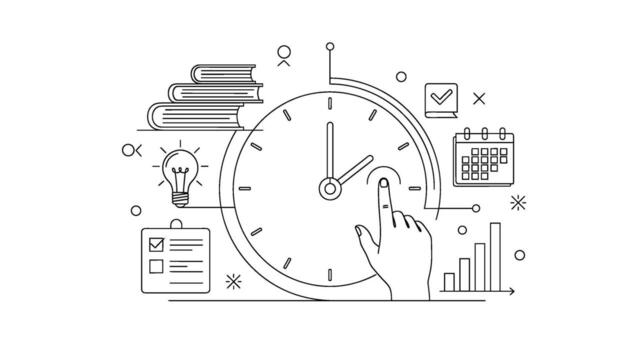 Hand adjusting time on a clock surrounded by books lightbulb checklist calendar and graph in a minimalist style symbolizing time management vector