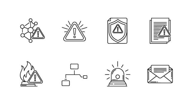 Alert icons displaying various security threats in a network data and communication environment representing danger risk and urgent warnings in a mini vector