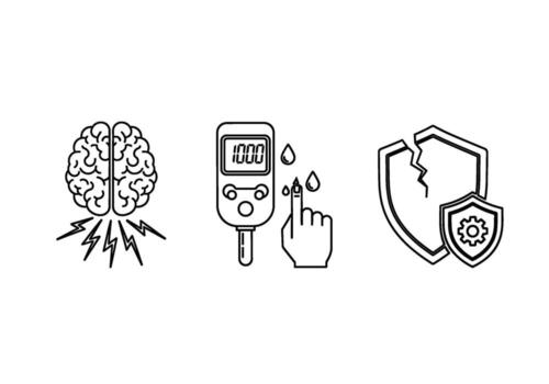 Conceptual illustration showcasing brain activity blood sugar testing and security protection in a minimalist line art style representing health and s vector