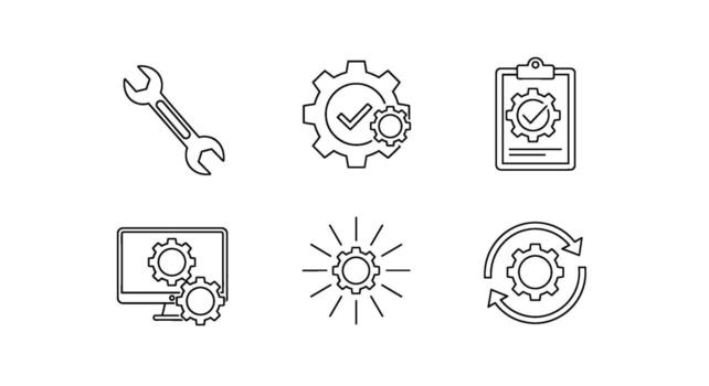 contorno íconos ilustrando un llave inglesa engranaje portapapeles y computadora pantalla representando ajustes mantenimiento y configuración en un minimalista estilo vector