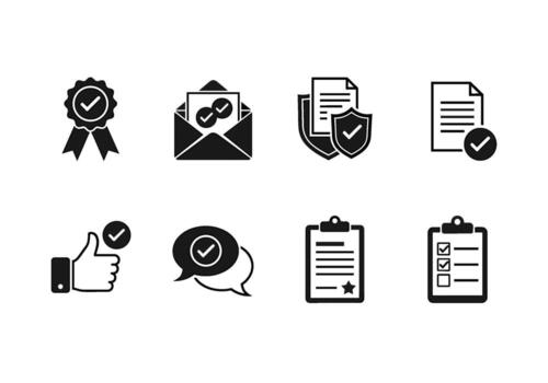 aprobado documento íconos escaparate calidad garantía y confirmación en un minimalista diseño enfatizando confiar seguridad y positivo realimentación para negocio vector