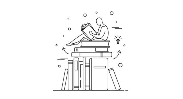 Minimalist line art of a person reading while sitting on a stack of books surrounded by knowledge symbols conveying a sense of learning and wisdom vector